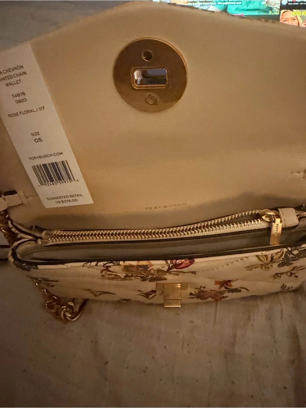 Tory Burch Cream Quilted Floral Crossbody with Gold Logo